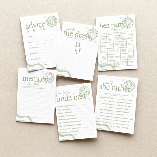 Hen Do Party Games Bundle, Last Dance, Bridal Bingo, Advice, Guess the Dress, Would She Rather