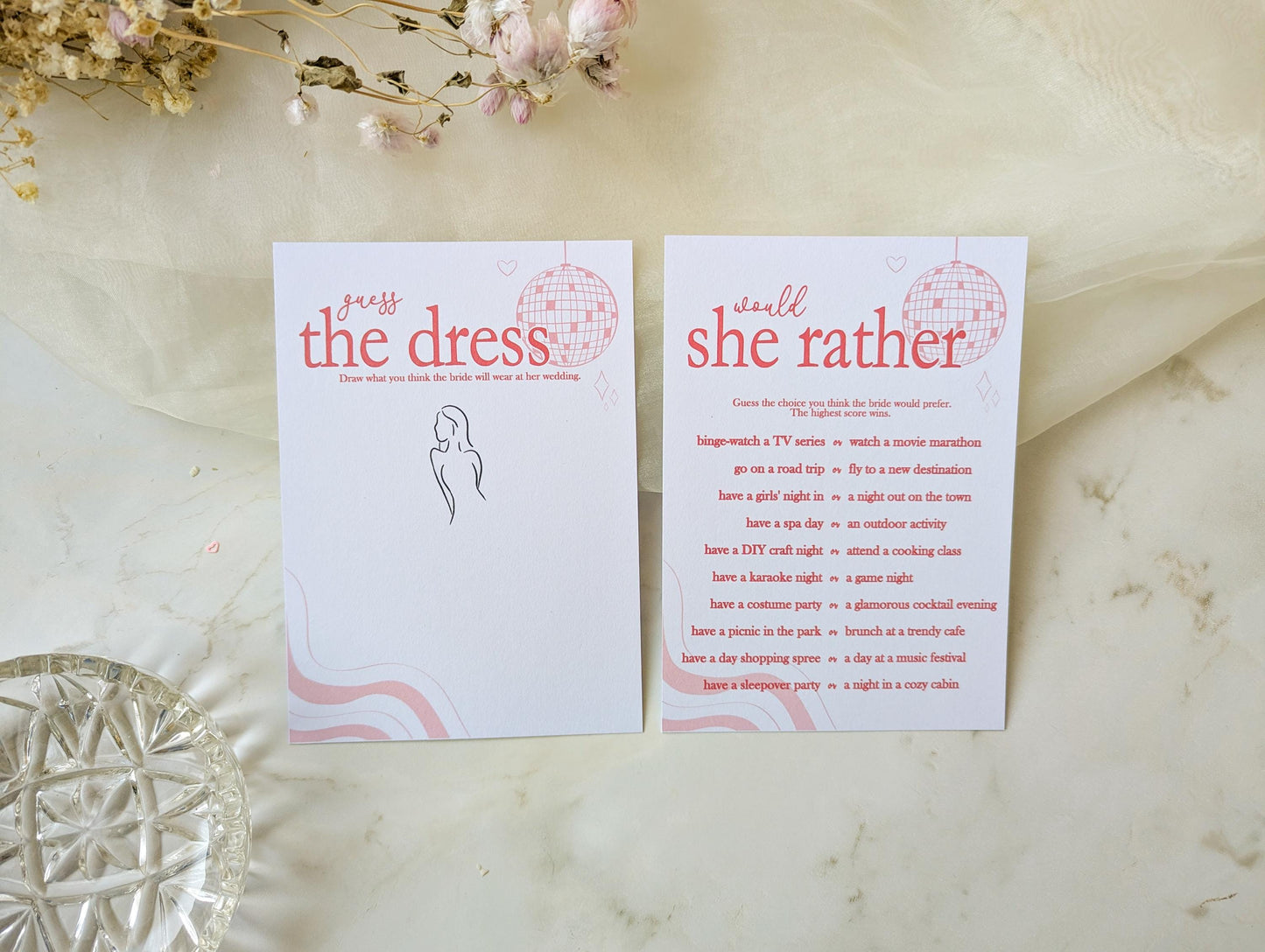 Hen Do Party Games Bundle, Last Dance, Bridal Bingo, Advice, Guess the Dress, Would She Rather, Pink and Red