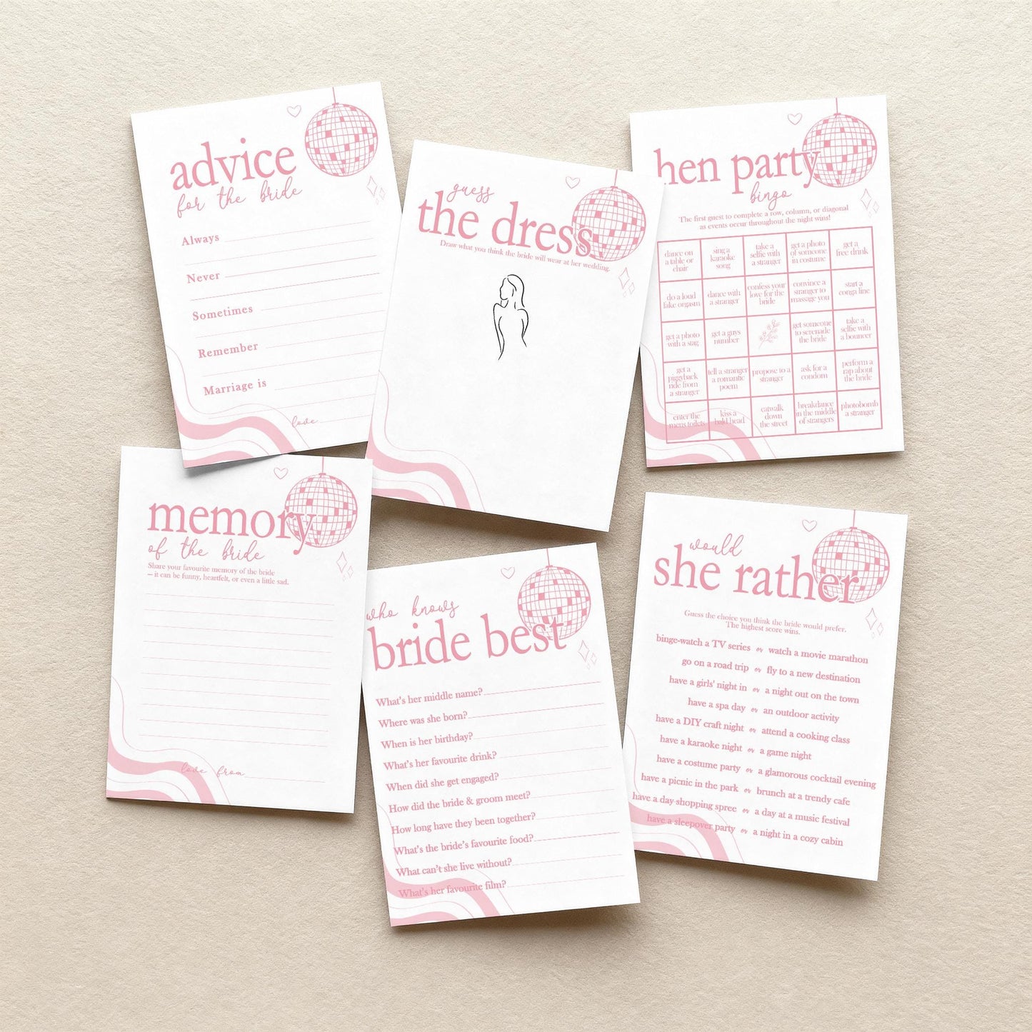 Hen Do Party Games Bundle, Last Dance, Bridal Bingo, Advice, Guess the Dress, Would She Rather