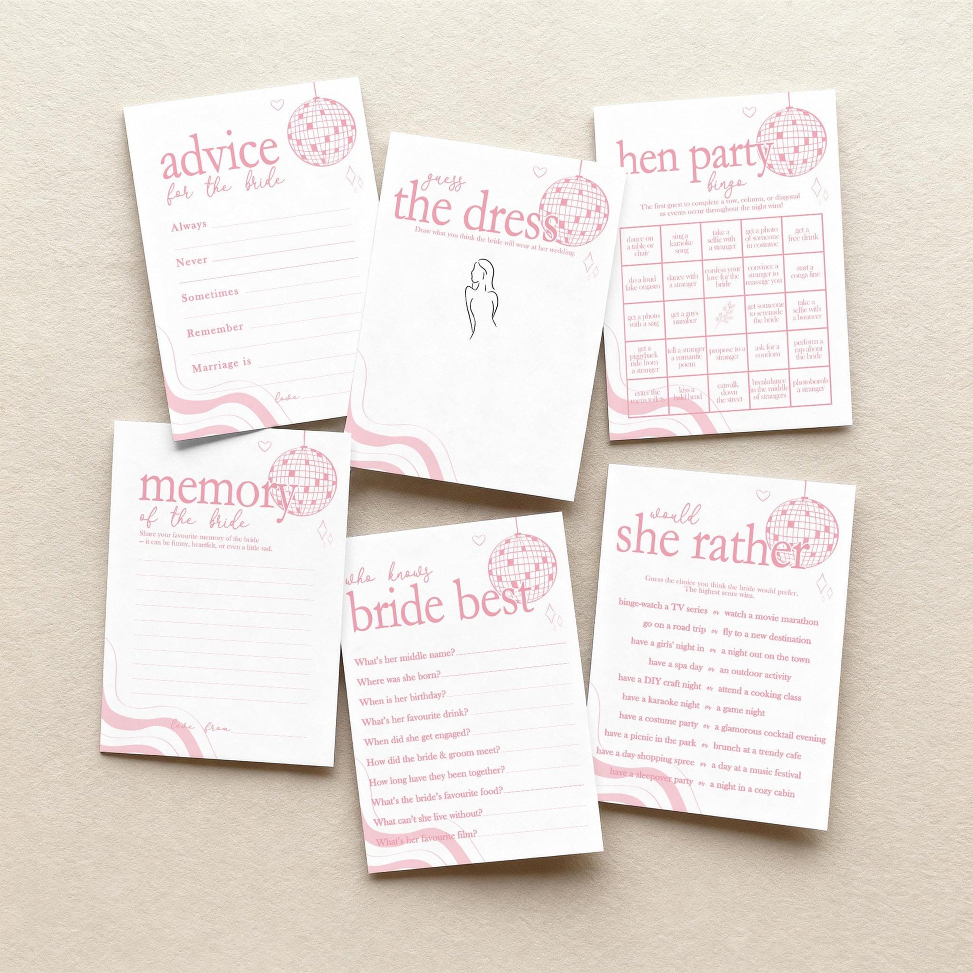 Hen Do Party Games Bundle, Last Dance, Bridal Bingo, Advice, Guess the Dress, Would She Rather