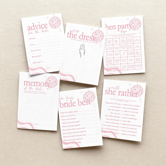 Hen Do Party Games Bundle, Last Dance, Bridal Bingo, Advice, Guess the Dress, Would She Rather