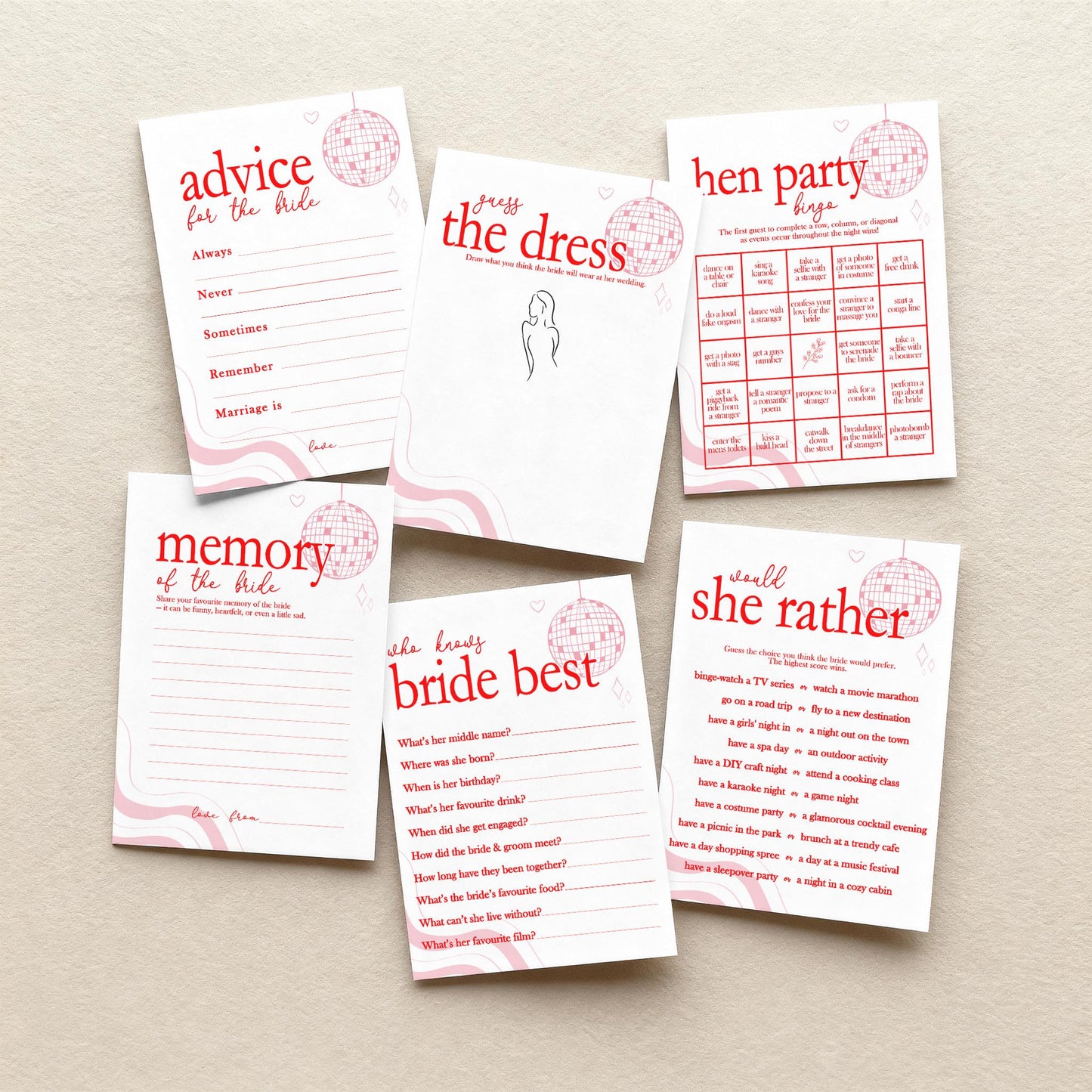 Hen Do Party Games Bundle, Last Dance, Bridal Bingo, Advice, Guess the Dress, Would She Rather, Pink and Red
