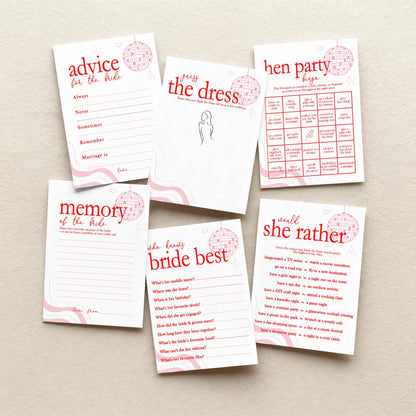Hen Do Party Games Bundle, Last Dance, Bridal Bingo, Advice, Guess the Dress, Would She Rather, Pink and Red