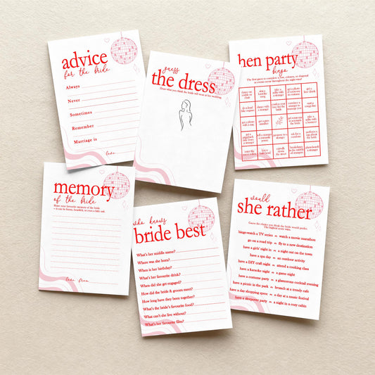 Hen Do Party Games Bundle, Last Dance, Bridal Bingo, Advice, Guess the Dress, Would She Rather, Pink and Red