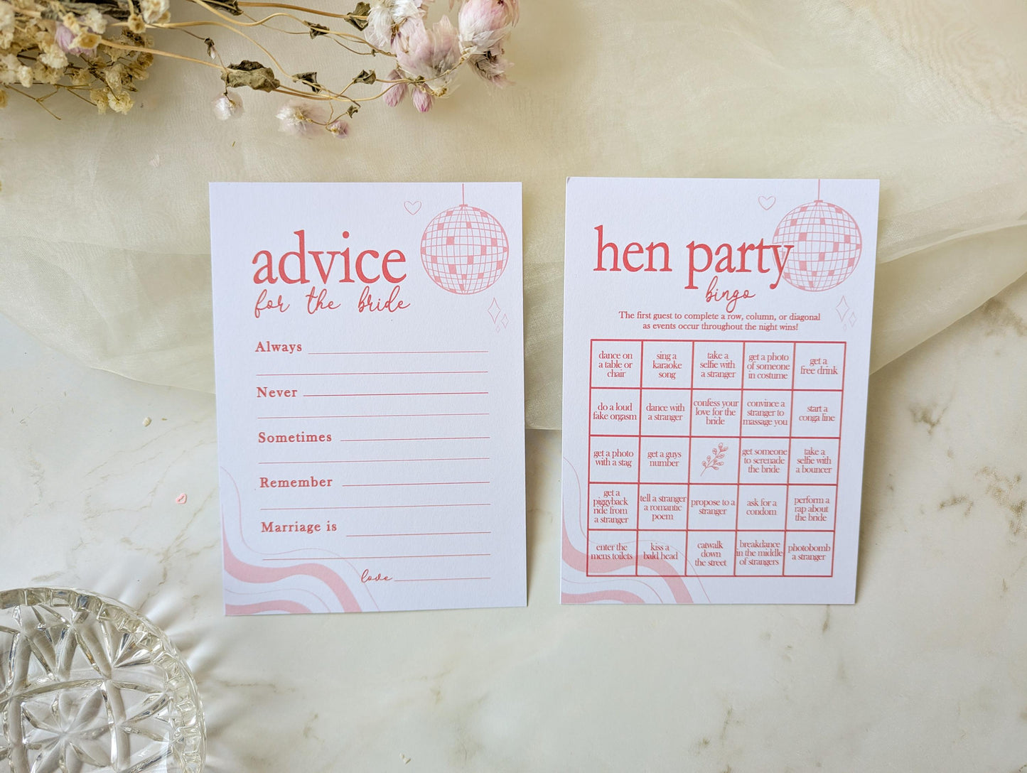 Hen Do Party Games Bundle, Last Dance, Bridal Bingo, Advice, Guess the Dress, Would She Rather, Pink and Red