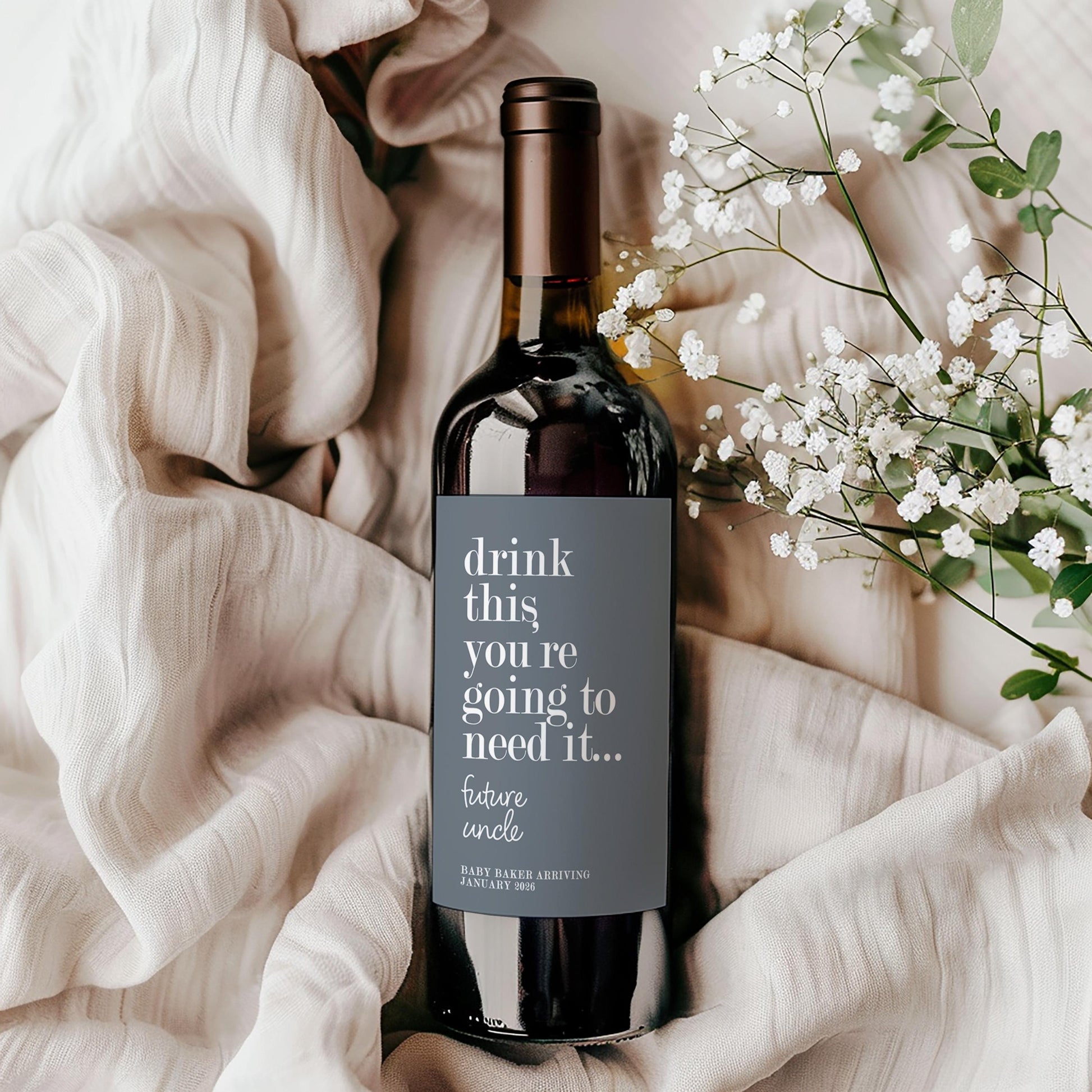 Pregnancy Announcement Wine Bottle Label; Becoming Grandparents, Auntie, Uncle, Surprise Baby Reveal