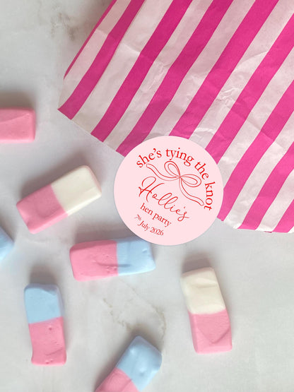 She's Tying The Knot Hen Party Stickers, Pink Ribbon, Bow Theme, Bridal Shower Favour Stickers