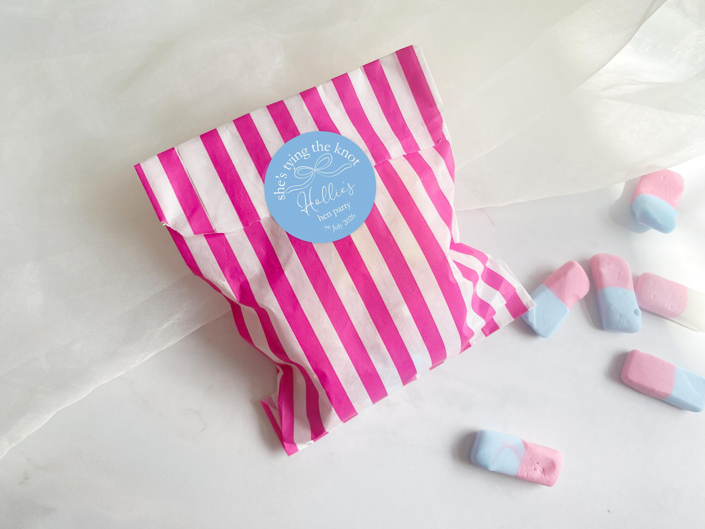 She's Tying The Knot Hen Party Stickers, Pink Ribbon, Bow Theme, Bridal Shower Favour Stickers