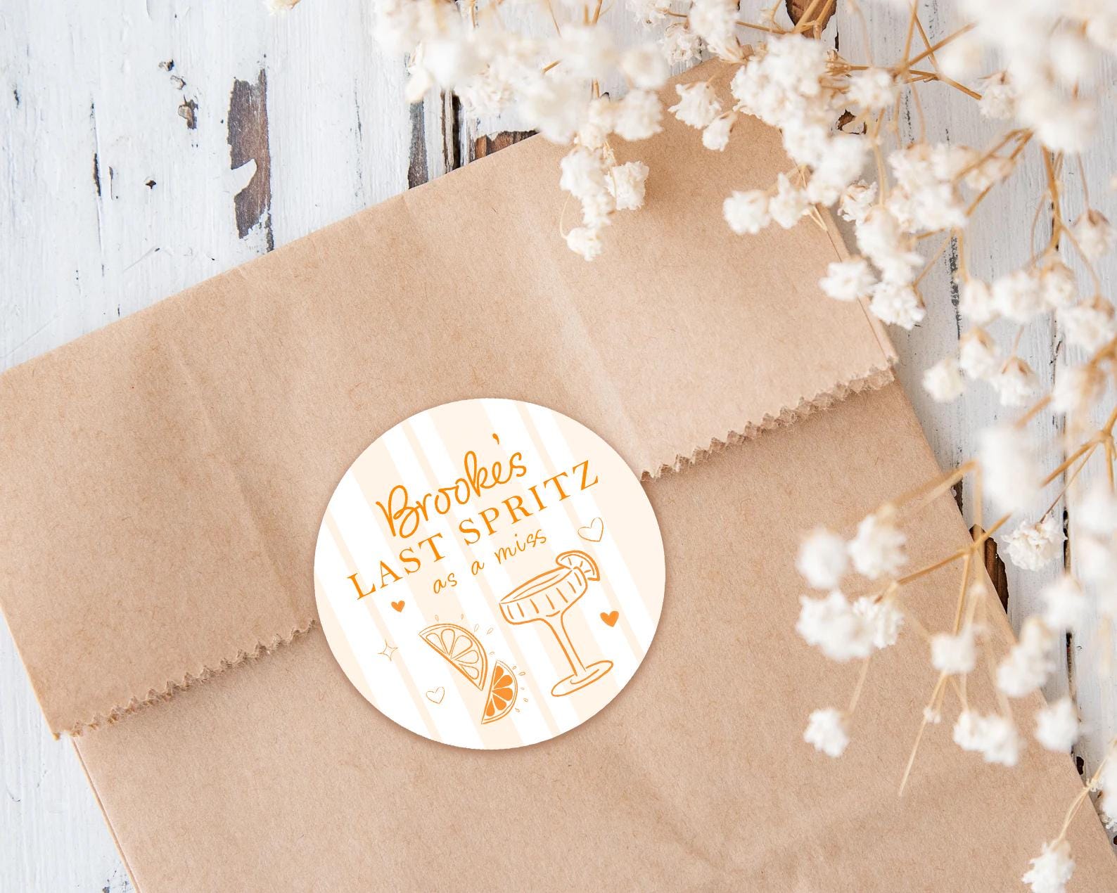 Last Spritz As a Miss Hen Party Stickers, Orange, Bridal Shower Favour Stickers, Goody Bags