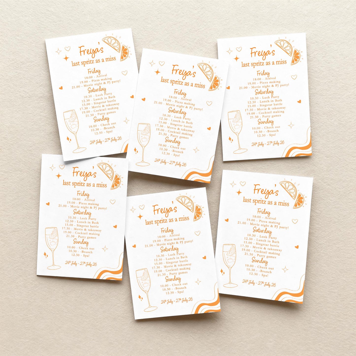 Hen Do Party Itinerary: Bachelorette, Girls Weekend, Hen Goody Bag, Last Spritz as a miss