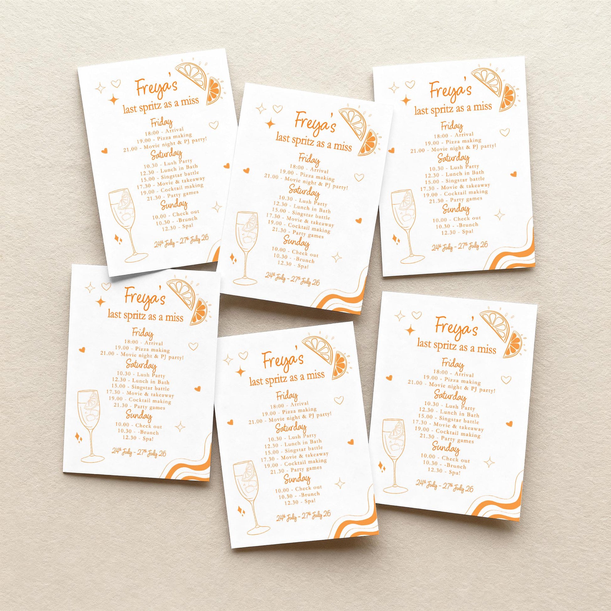 Hen Do Party Itinerary: Bachelorette, Girls Weekend, Hen Goody Bag, Last Spritz as a miss
