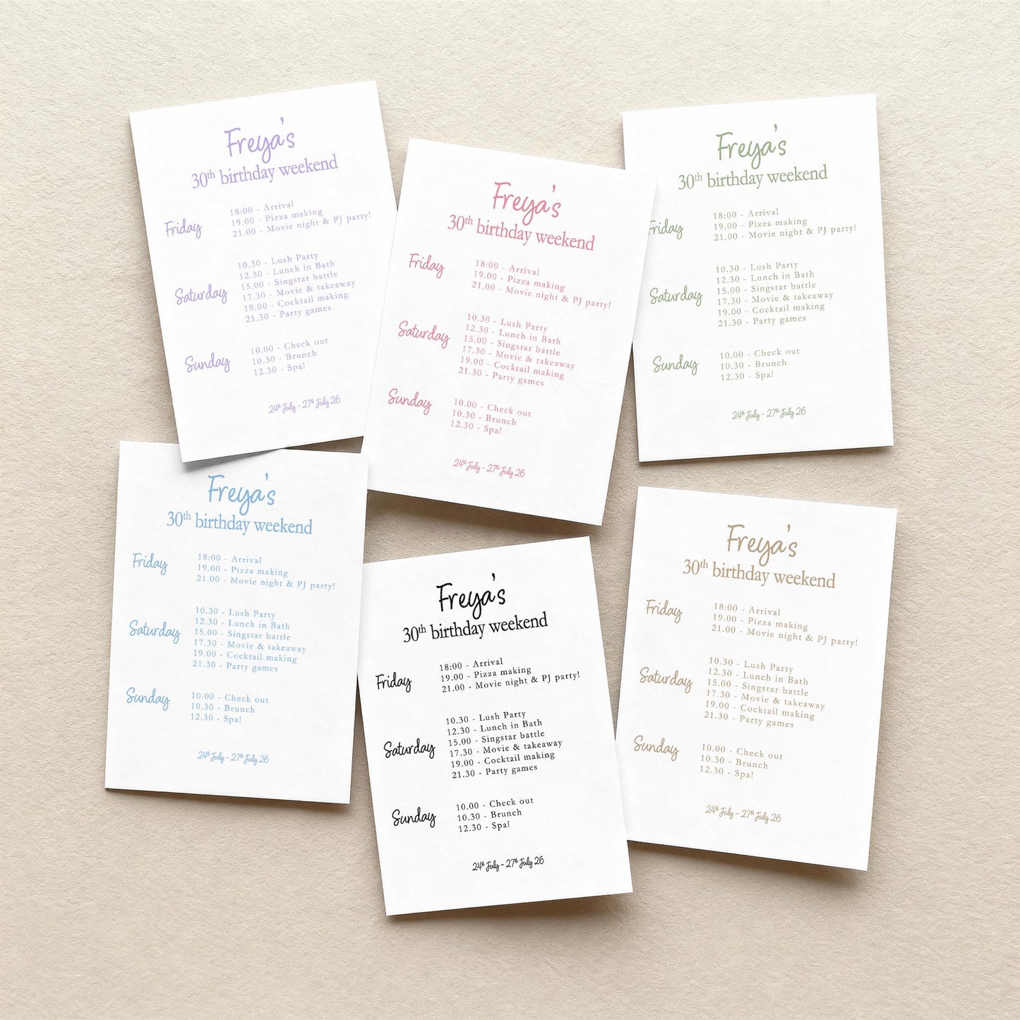 Birthday Party Itinerary: Girls and Boys Weekend, Minimal, 30th, 40th, 50th, 60th birthday