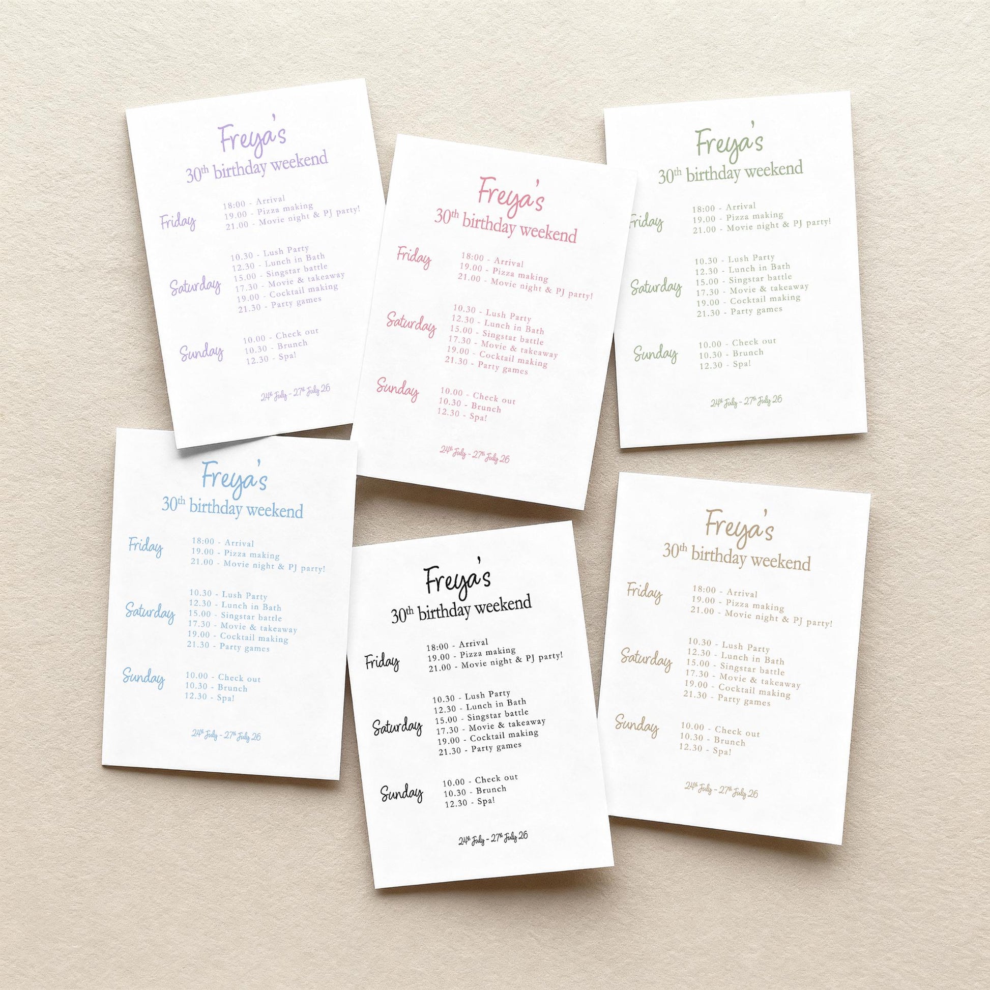 Birthday Party Itinerary: Girls and Boys Weekend, Minimal, 30th, 40th, 50th, 60th birthday
