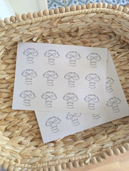 She's Tying The Knot Hen Party Stickers, Pink Ribbon, Bow Theme, Bridal Shower Favour Stickers
