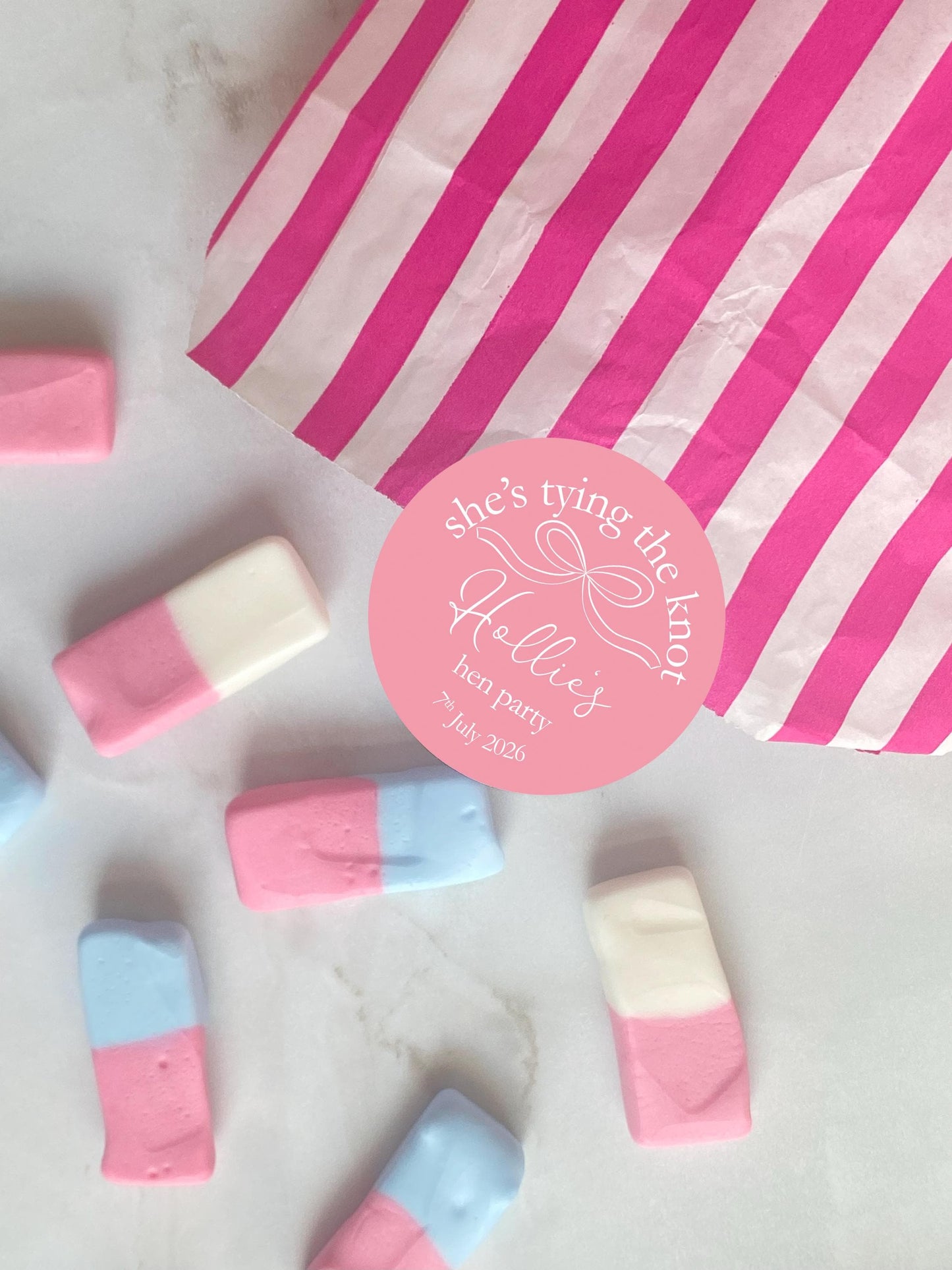 She's Tying The Knot Hen Party Stickers, Pink Ribbon, Bow Theme, Bridal Shower Favour Stickers