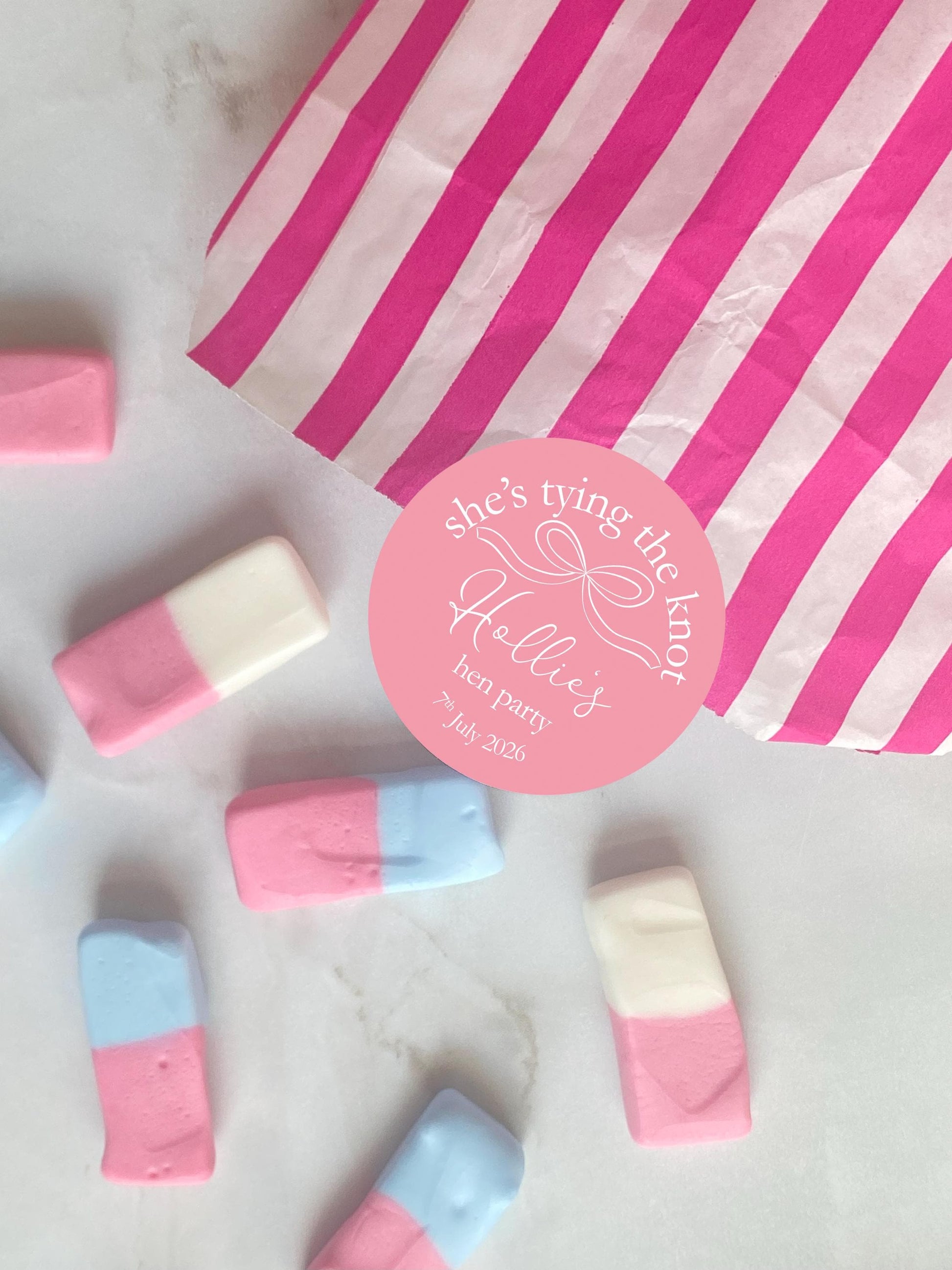 She's Tying The Knot Hen Party Stickers, Pink Ribbon, Bow Theme, Bridal Shower Favour Stickers