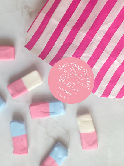She's Tying The Knot Hen Party Stickers, Pink Ribbon, Bow Theme, Bridal Shower Favour Stickers