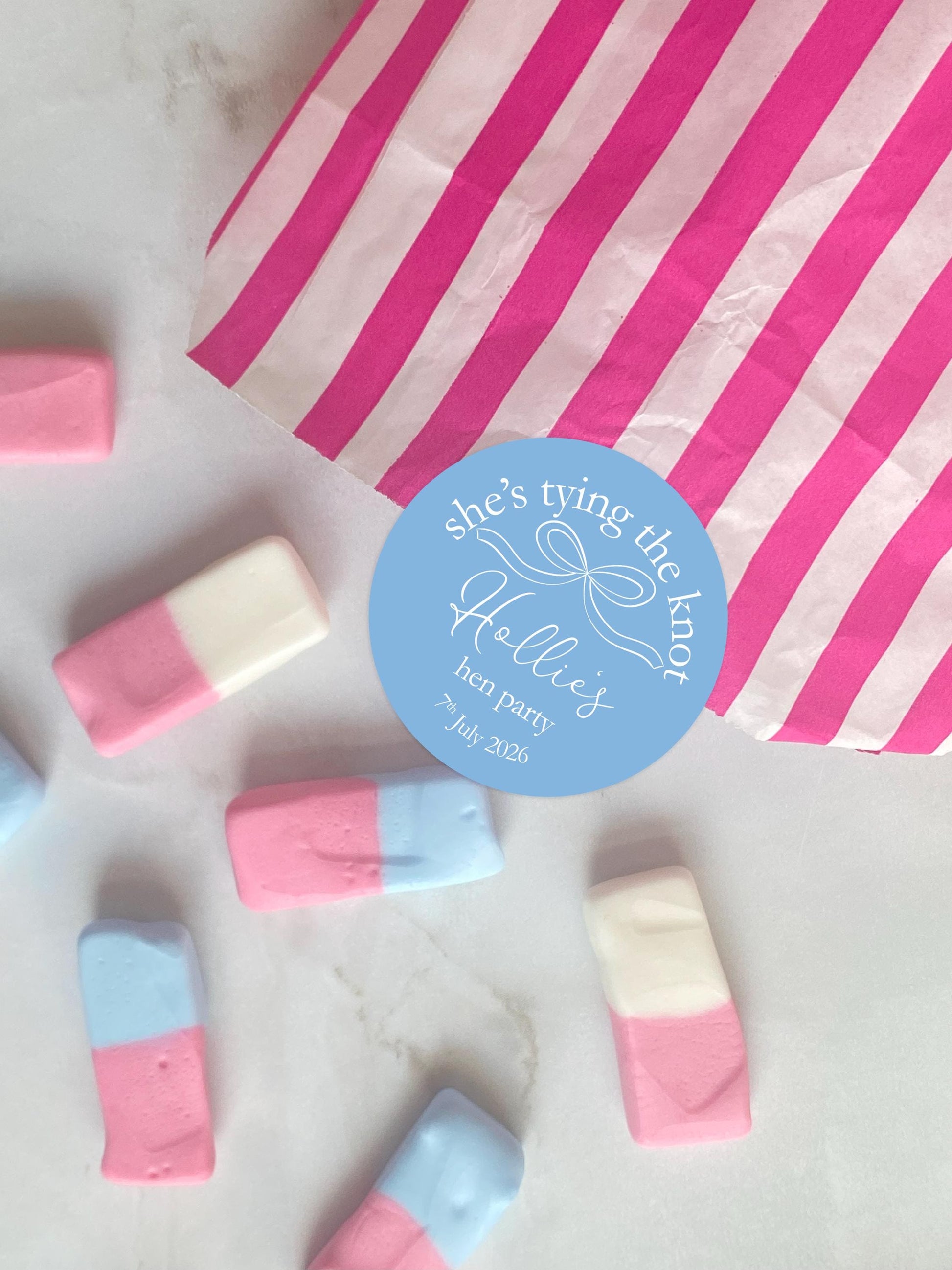 She's Tying The Knot Hen Party Stickers, Pink Ribbon, Bow Theme, Bridal Shower Favour Stickers