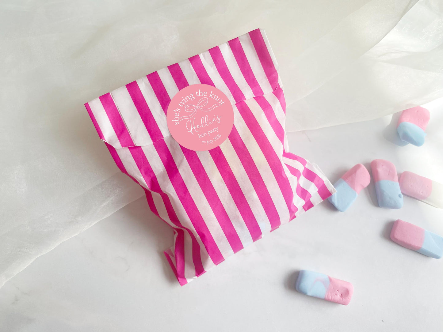 She's Tying The Knot Hen Party Stickers, Pink Ribbon, Bow Theme, Bridal Shower Favour Stickers