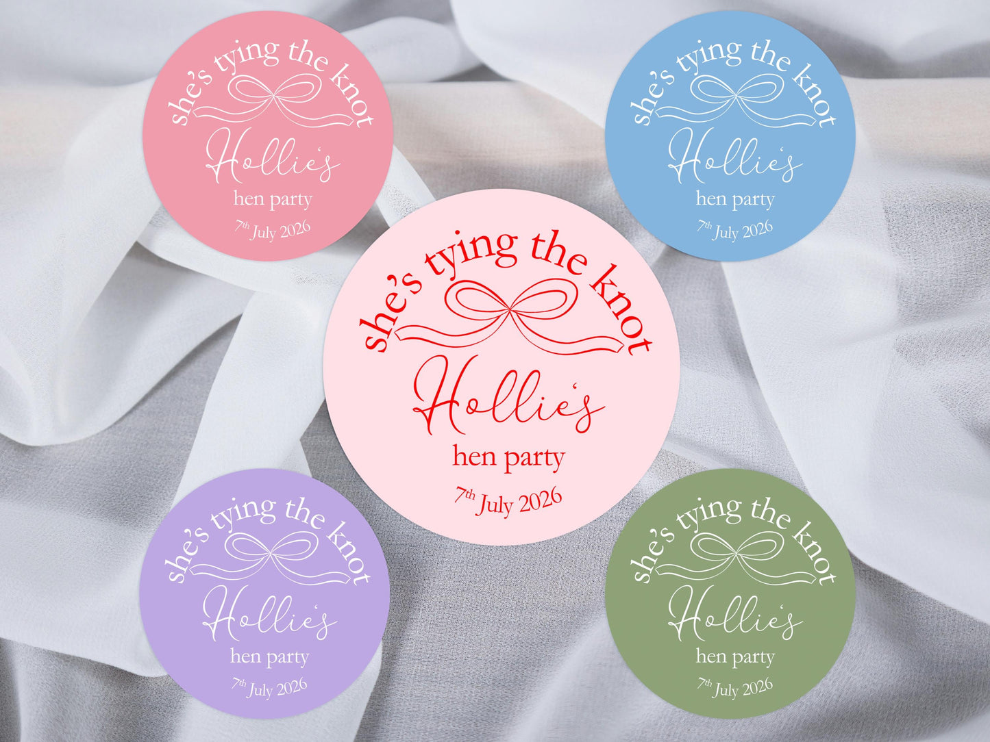 She's Tying The Knot Hen Party Stickers, Pink Ribbon, Bow Theme, Bridal Shower Favour Stickers