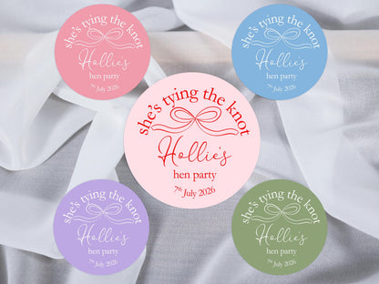 She's Tying The Knot Hen Party Stickers, Pink Ribbon, Bow Theme, Bridal Shower Favour Stickers