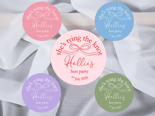 She's Tying The Knot Hen Party Stickers, Pink Ribbon, Bow Theme, Bridal Shower Favour Stickers