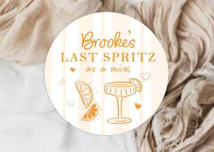 Last Spritz As a Miss Hen Party Stickers, Orange, Bridal Shower Favour Stickers, Goody Bags