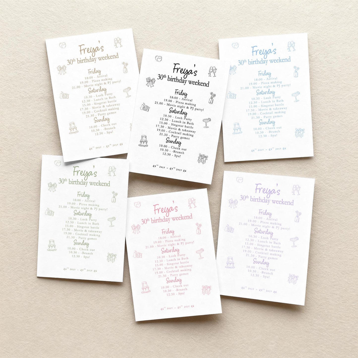 Birthday Party Itinerary: Girls Weekend, Minimal, 30th, 40th, 50th, 60th birthday
