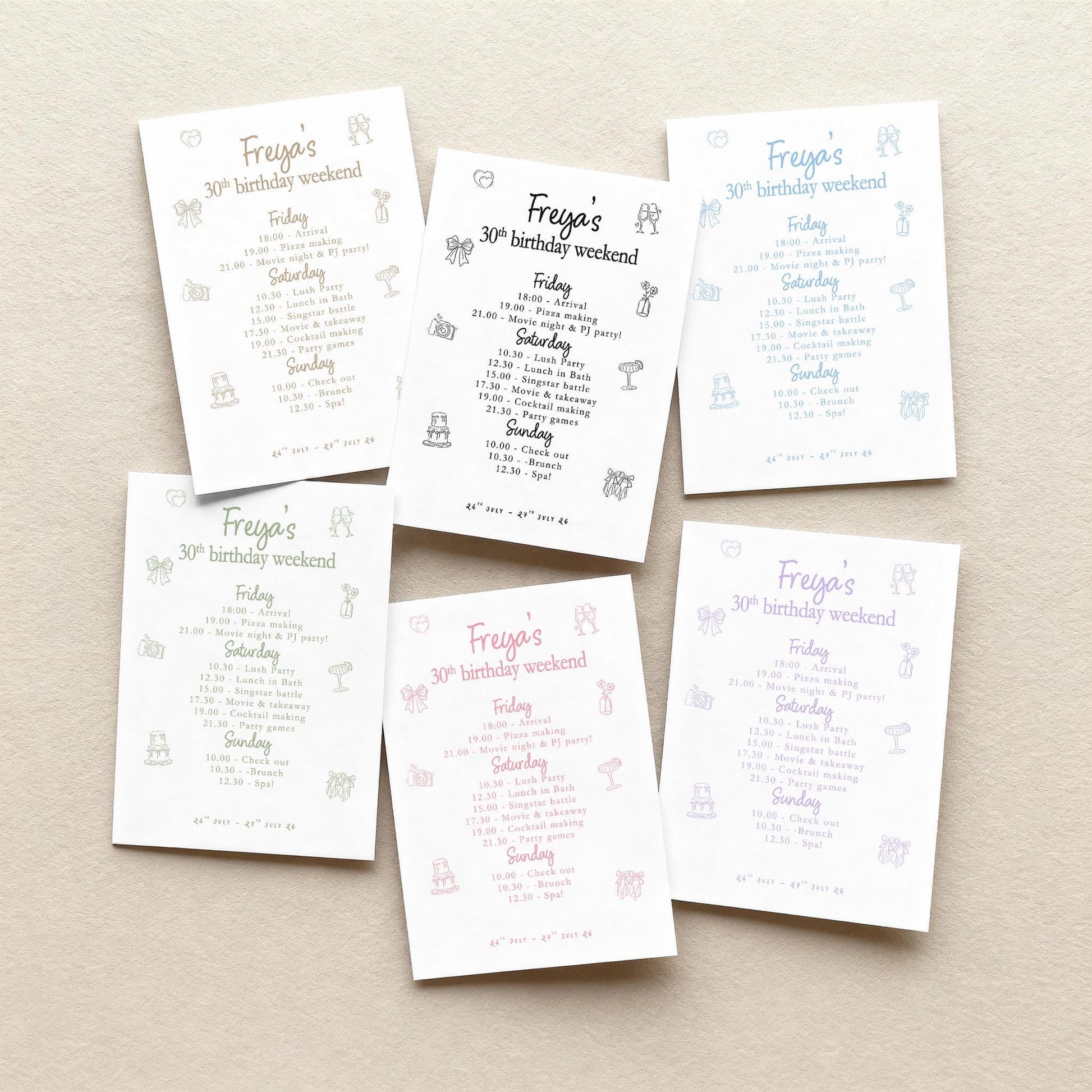 Birthday Party Itinerary: Girls Weekend, Minimal, 30th, 40th, 50th, 60th birthday