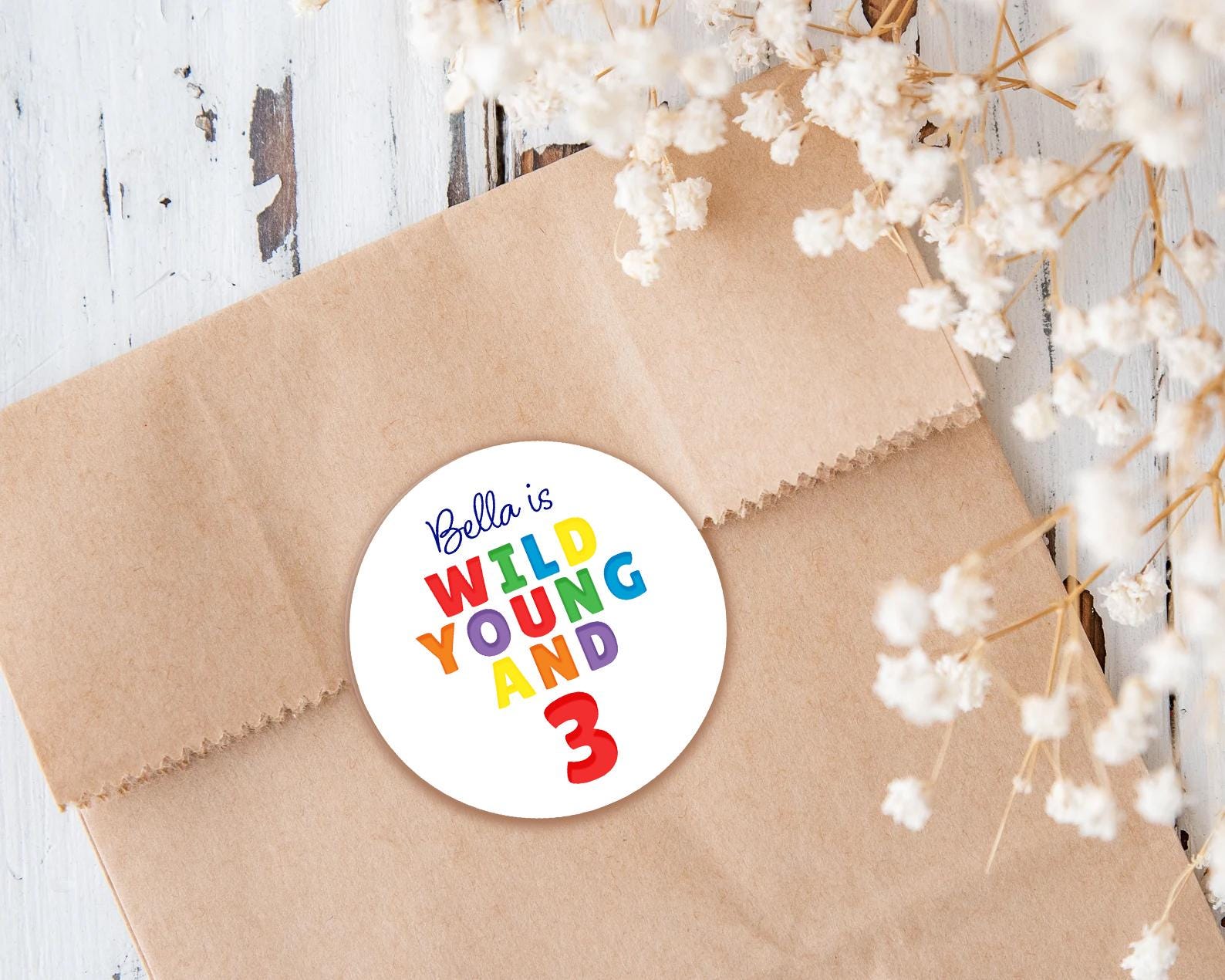 Personalised Birthday Party Stickers, Wild Young and 3, Children's Sweet Cones