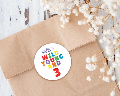 Personalised Birthday Party Stickers, Wild Young and 3, Children's Sweet Cones