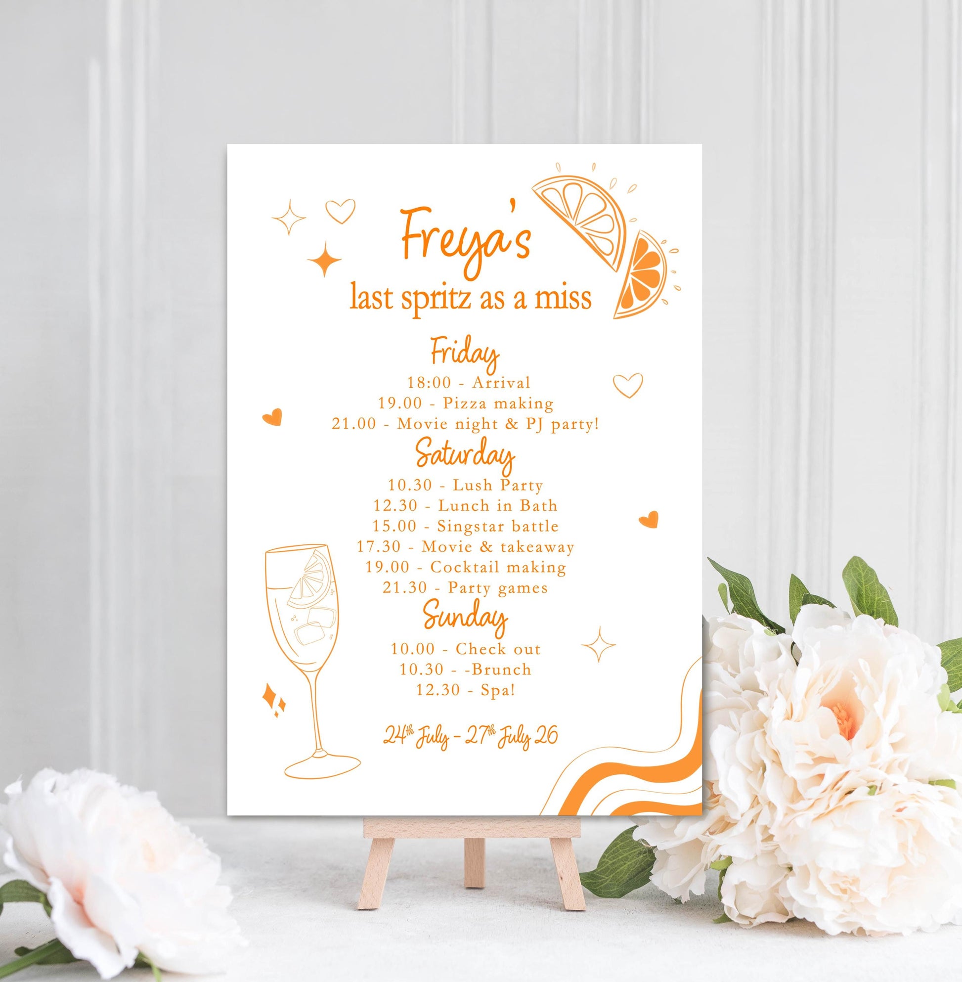 Hen Do Party Itinerary Poster: Bachelorette, Girls Weekend, Hen Goody Bag, Last Spritz as a miss
