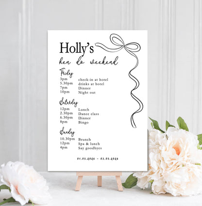 Hen Do Party Itinerary Poster: Bachelorette, Girls Weekend, Hen Goody Bag, She's Tying The Knot