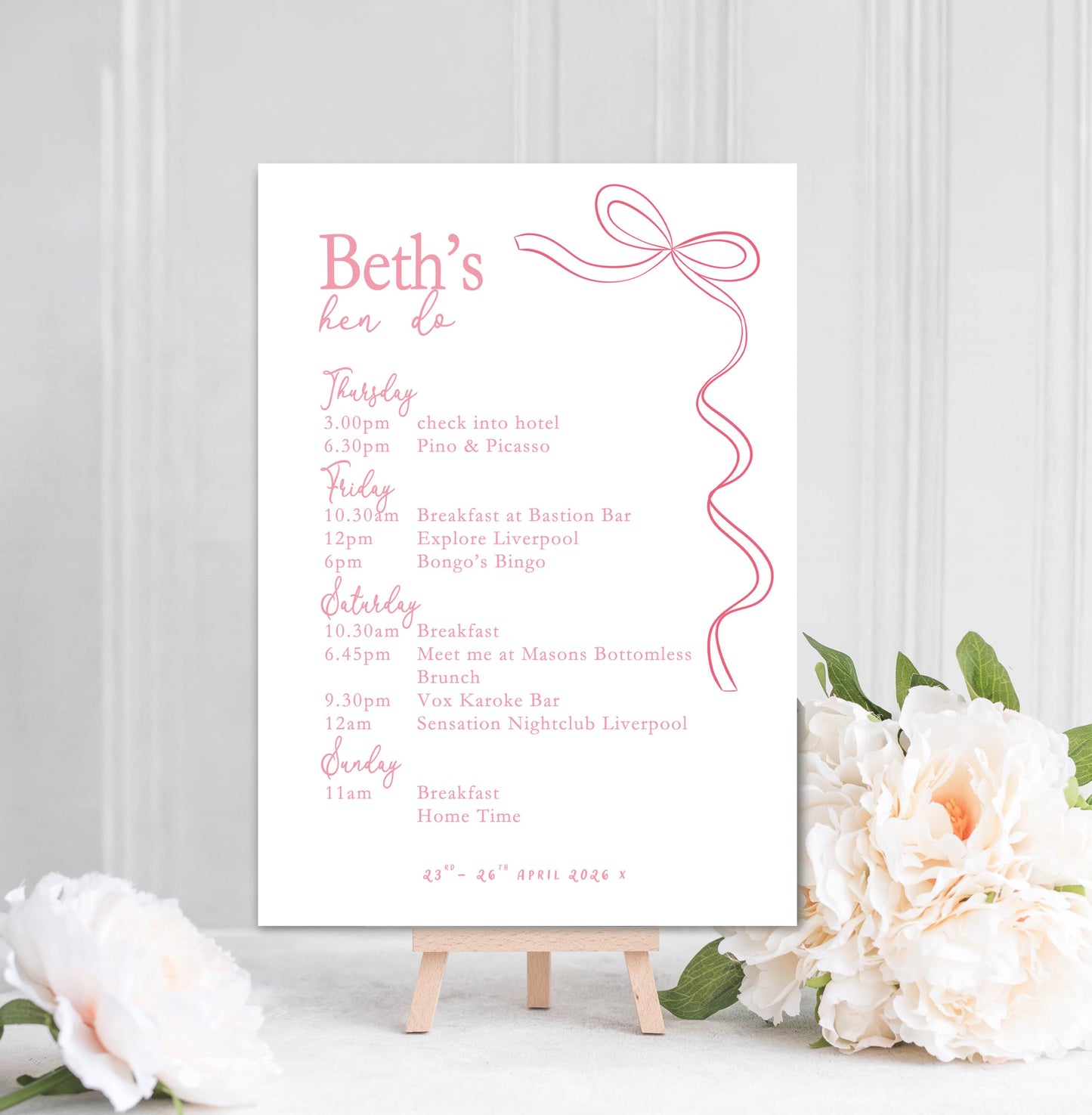 Hen Do Party Itinerary Poster: Bachelorette, Girls Weekend, Hen Goody Bag, She's Tying The Knot