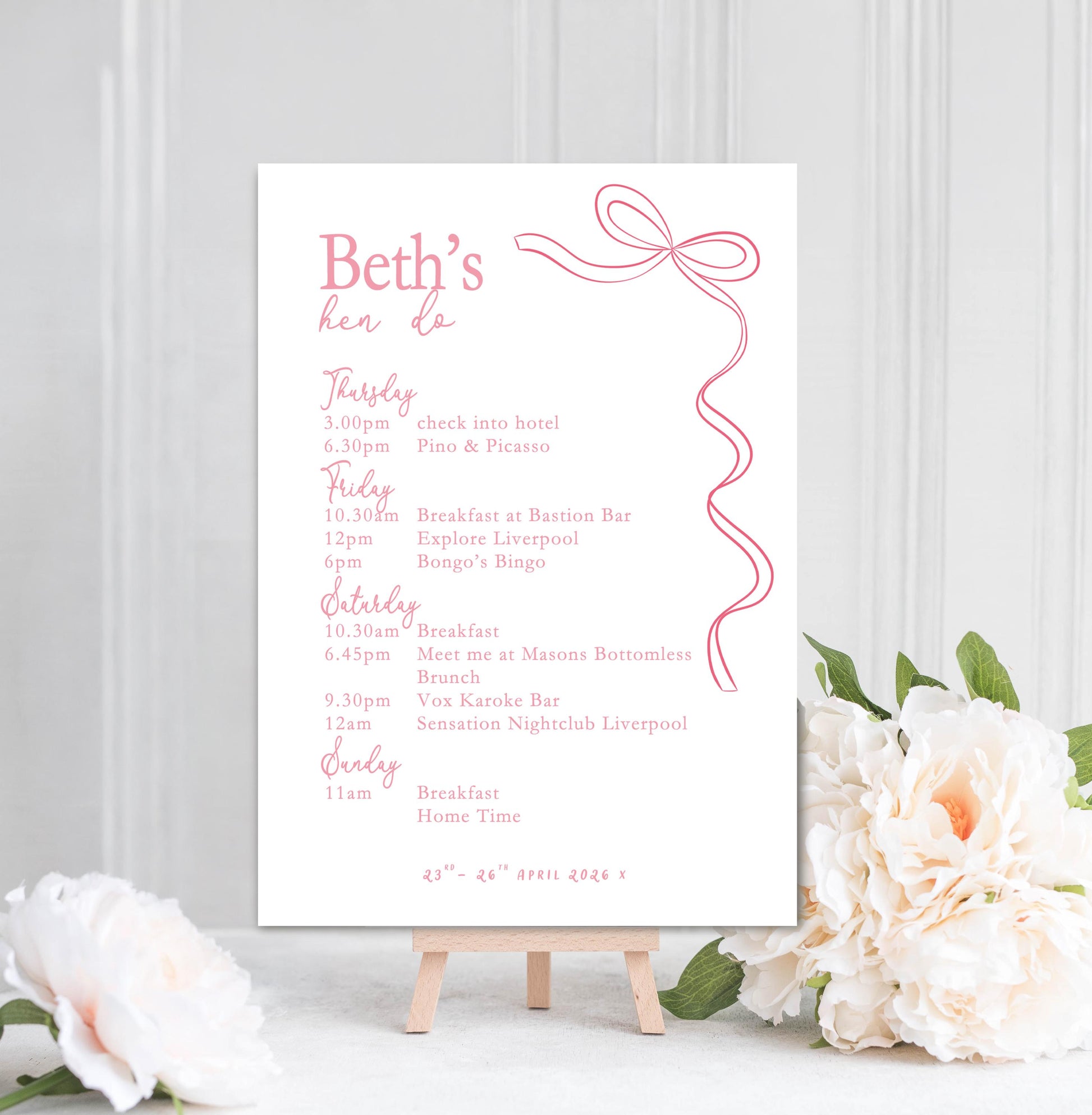 Hen Do Party Itinerary Poster: Bachelorette, Girls Weekend, Hen Goody Bag, She's Tying The Knot