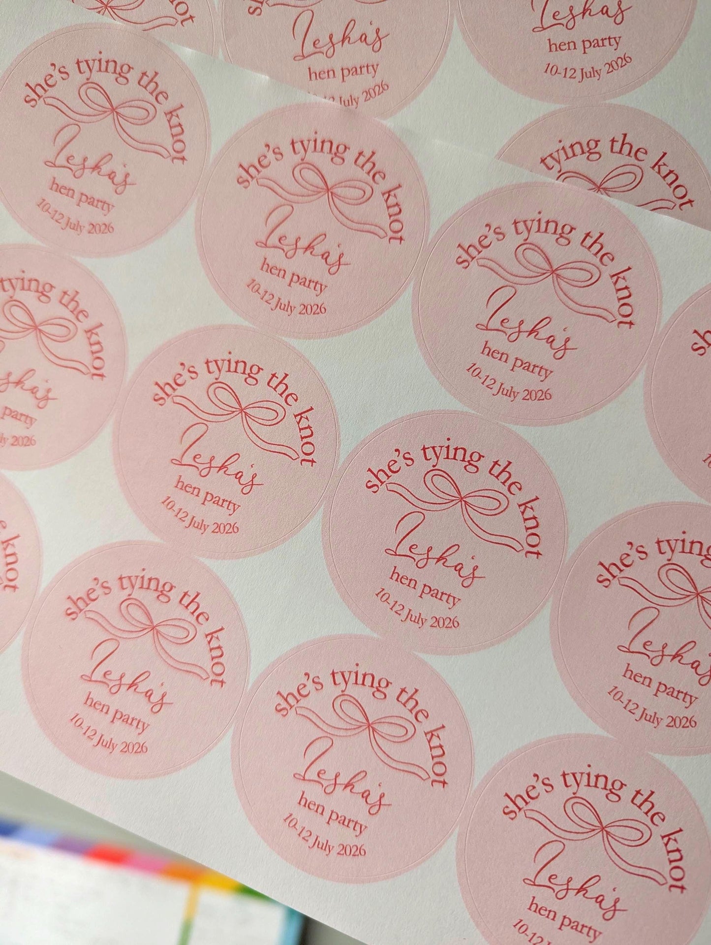 She's Tying The Knot Hen Party Stickers, Pink Ribbon, Bow Theme, Bridal Shower Favour Stickers
