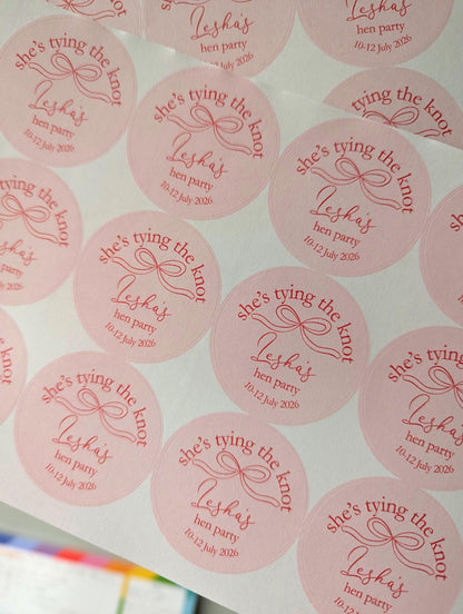She's Tying The Knot Hen Party Stickers, Pink Ribbon, Bow Theme, Bridal Shower Favour Stickers
