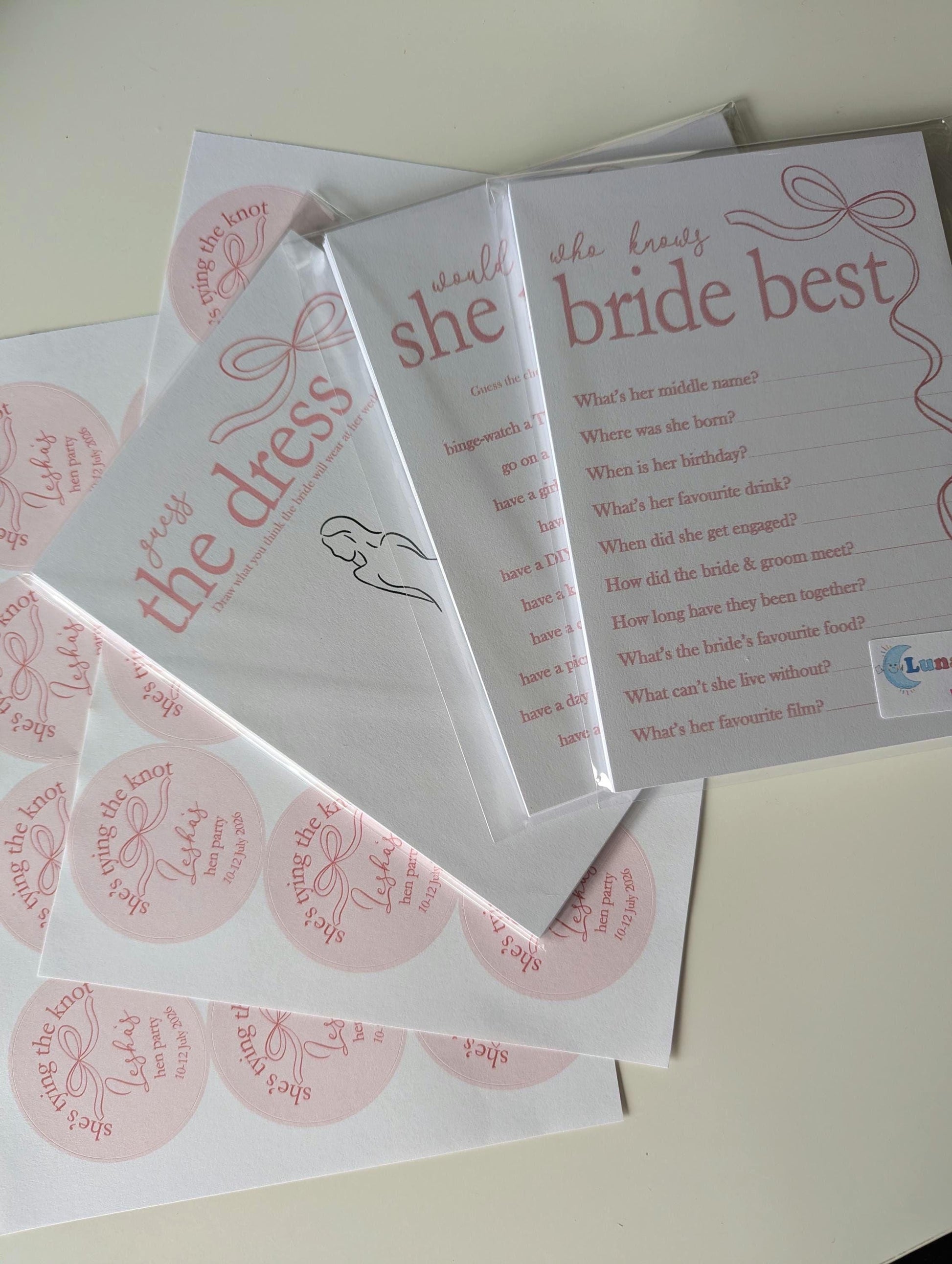 She's Tying The Knot Hen Party Stickers, Pink Ribbon, Bow Theme, Bridal Shower Favour Stickers