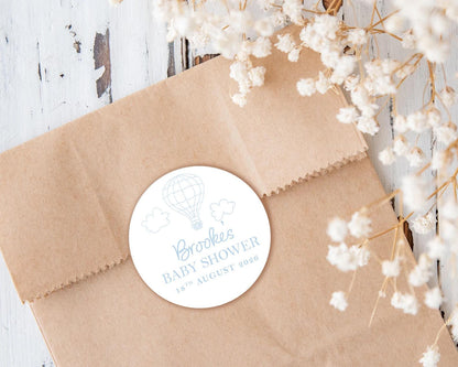 Neutral Hot Air Balloon Favour Stickers; Adventure Awaits, Baby Shower Girl Boy, up up and away