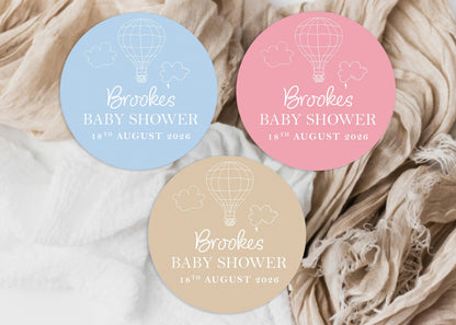 Neutral Hot Air Balloon Favour Stickers; Adventure Awaits, Baby Shower Girl Boy, up up and away