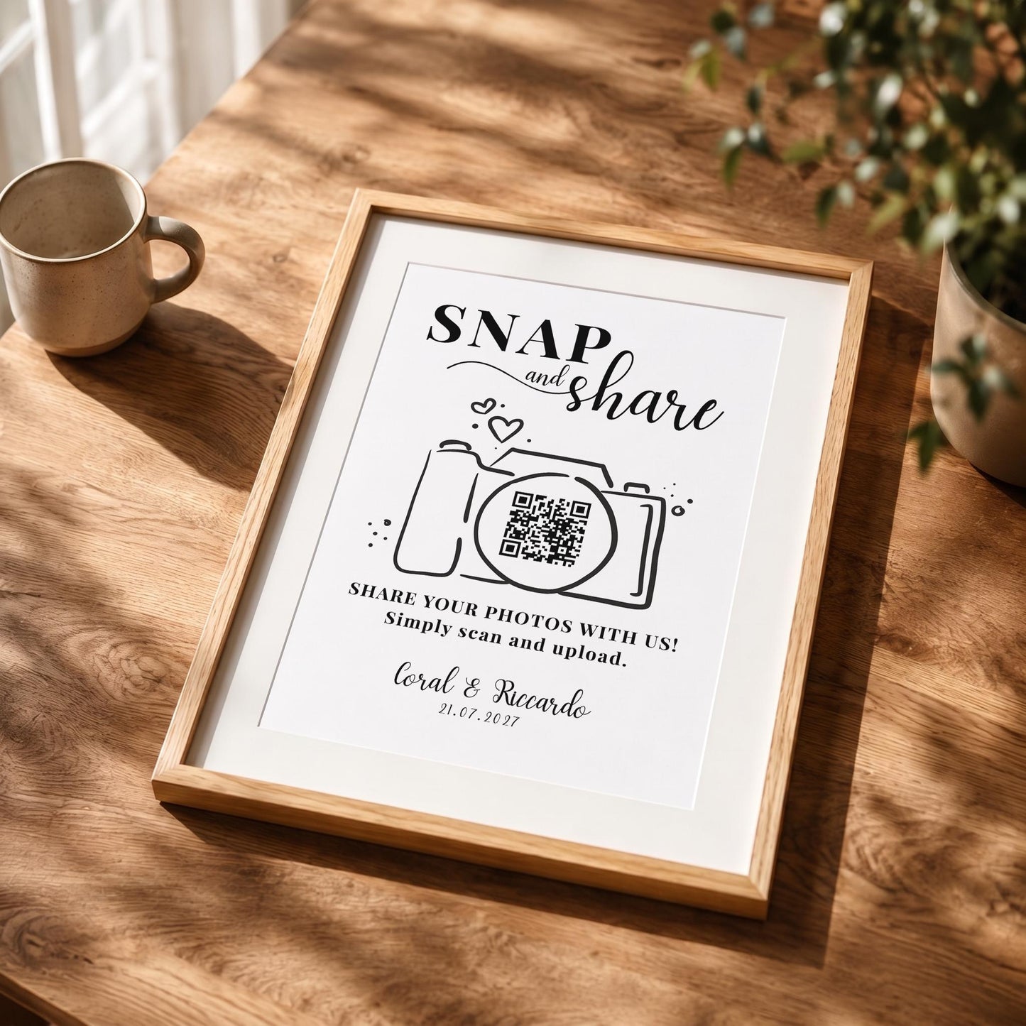 Personalised QR Code Wedding Card; Snap and Share, Share the Love, Poster A4 A3, Printed