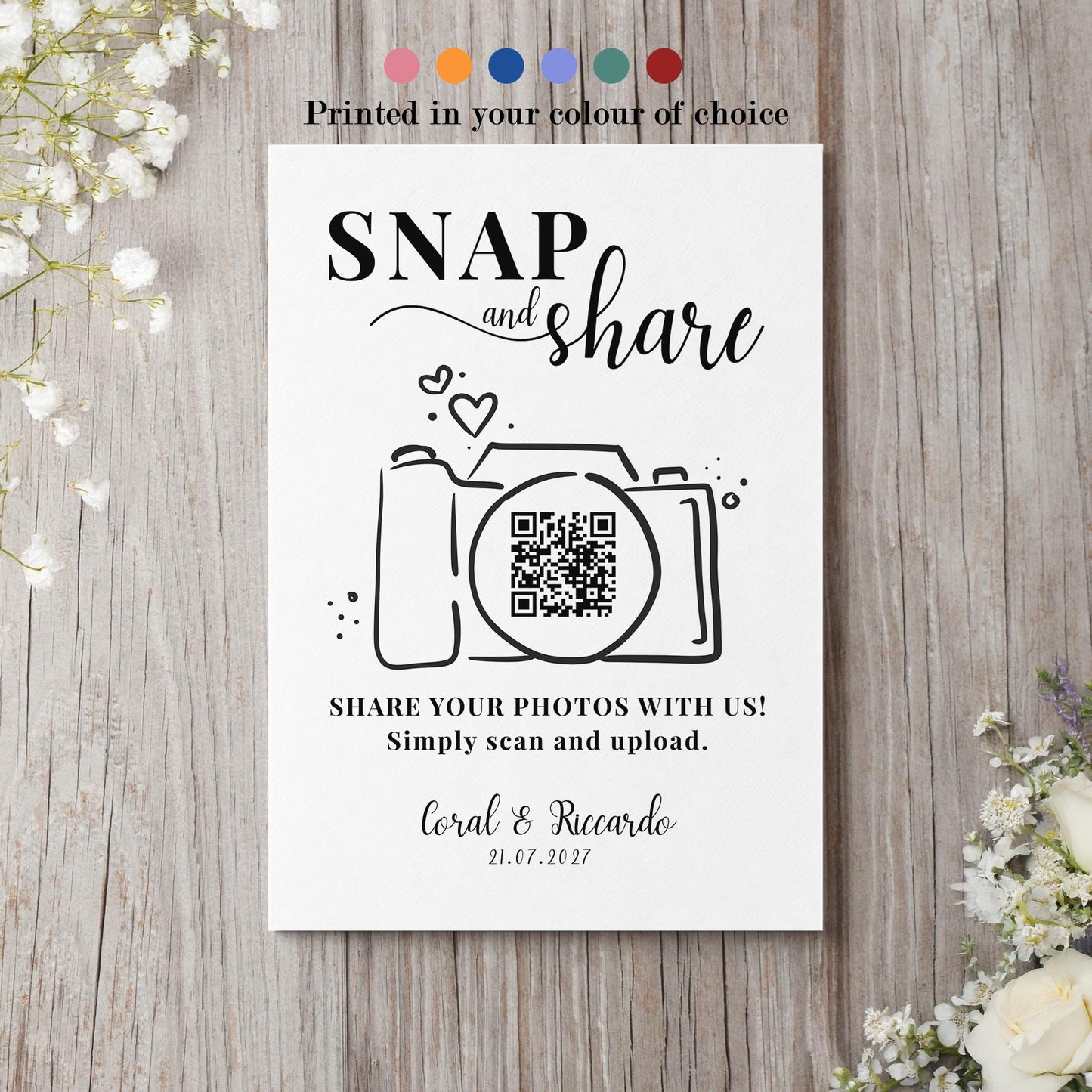 Personalised QR Code Wedding Card; Snap and Share, Share the Love, Poster A4 A3, Printed
