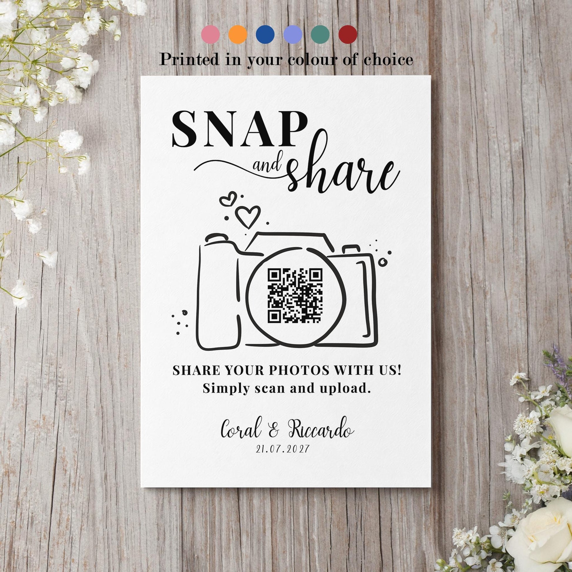 Personalised QR Code Wedding Card; Snap and Share, Share the Love, Poster A4 A3, Printed
