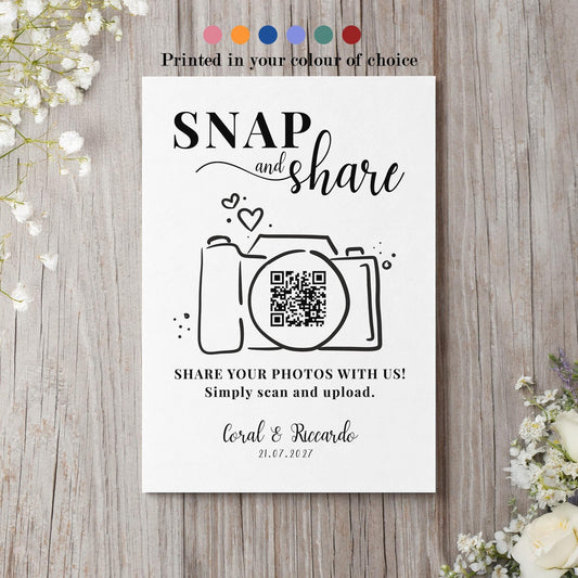 Personalised QR Code Wedding Card; Snap and Share, Share the Love, Poster A4 A3, Printed