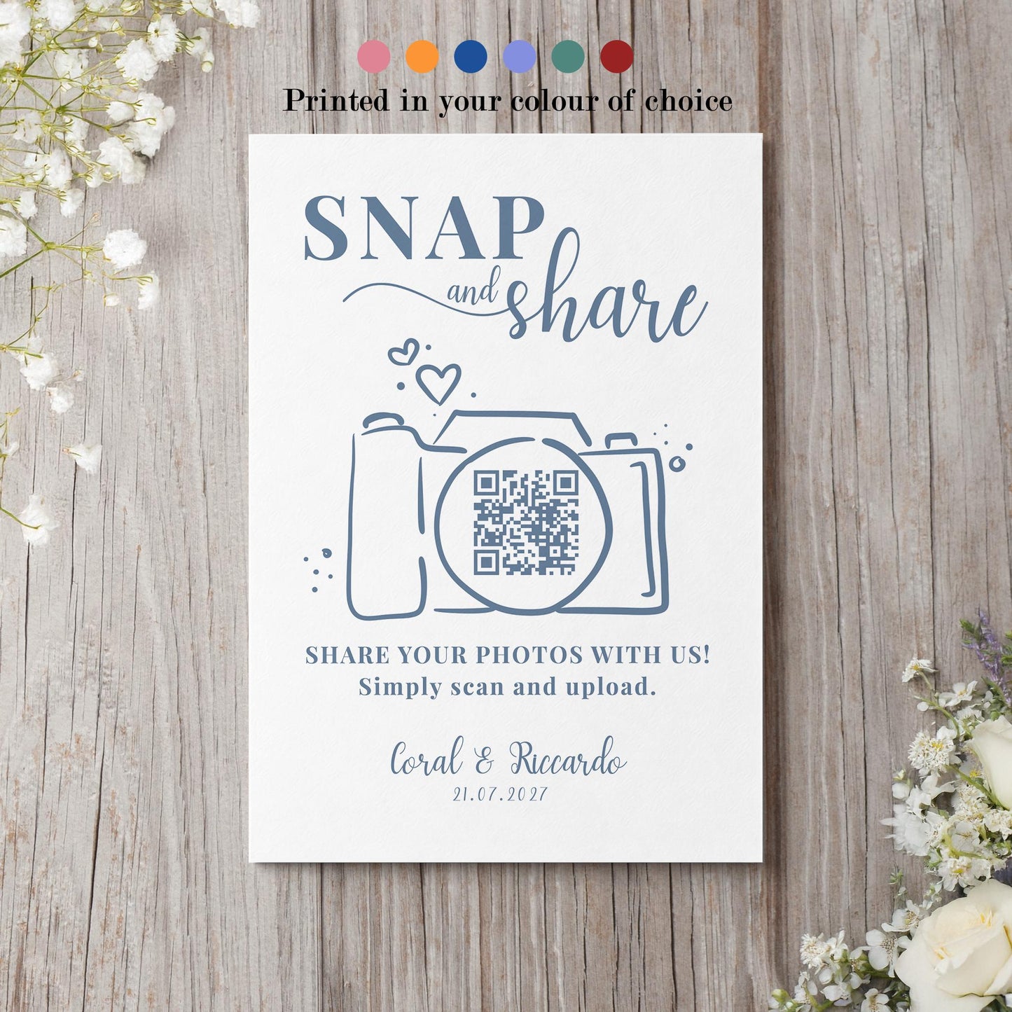 Personalised QR Code Wedding Card; Snap and Share, Share the Love, Poster A4 A3, Printed