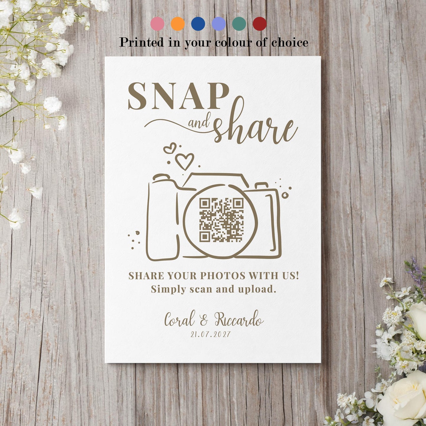 Personalised QR Code Wedding Card; Snap and Share, Share the Love, Poster A4 A3, Printed