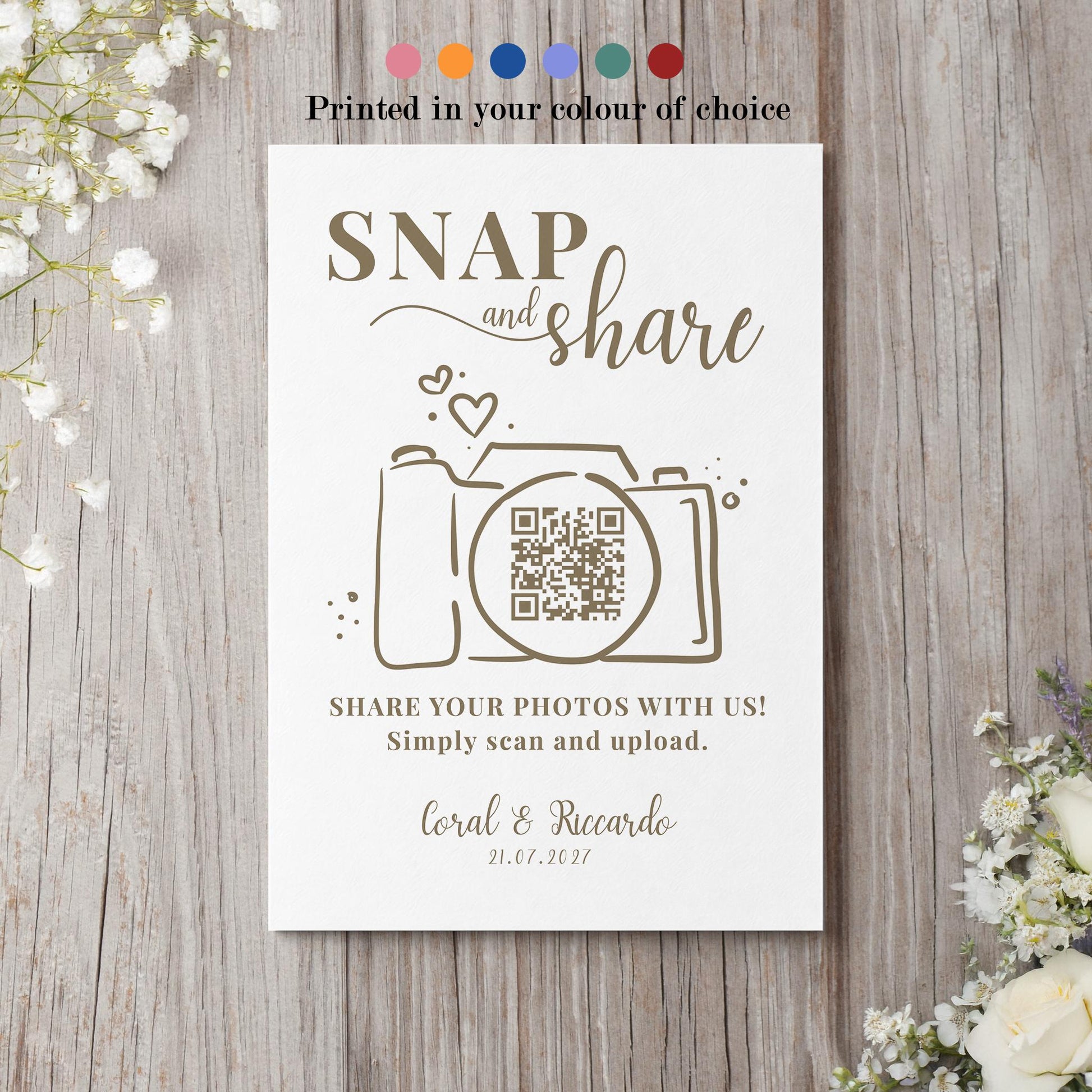 Personalised QR Code Wedding Card; Snap and Share, Share the Love, Poster A4 A3, Printed