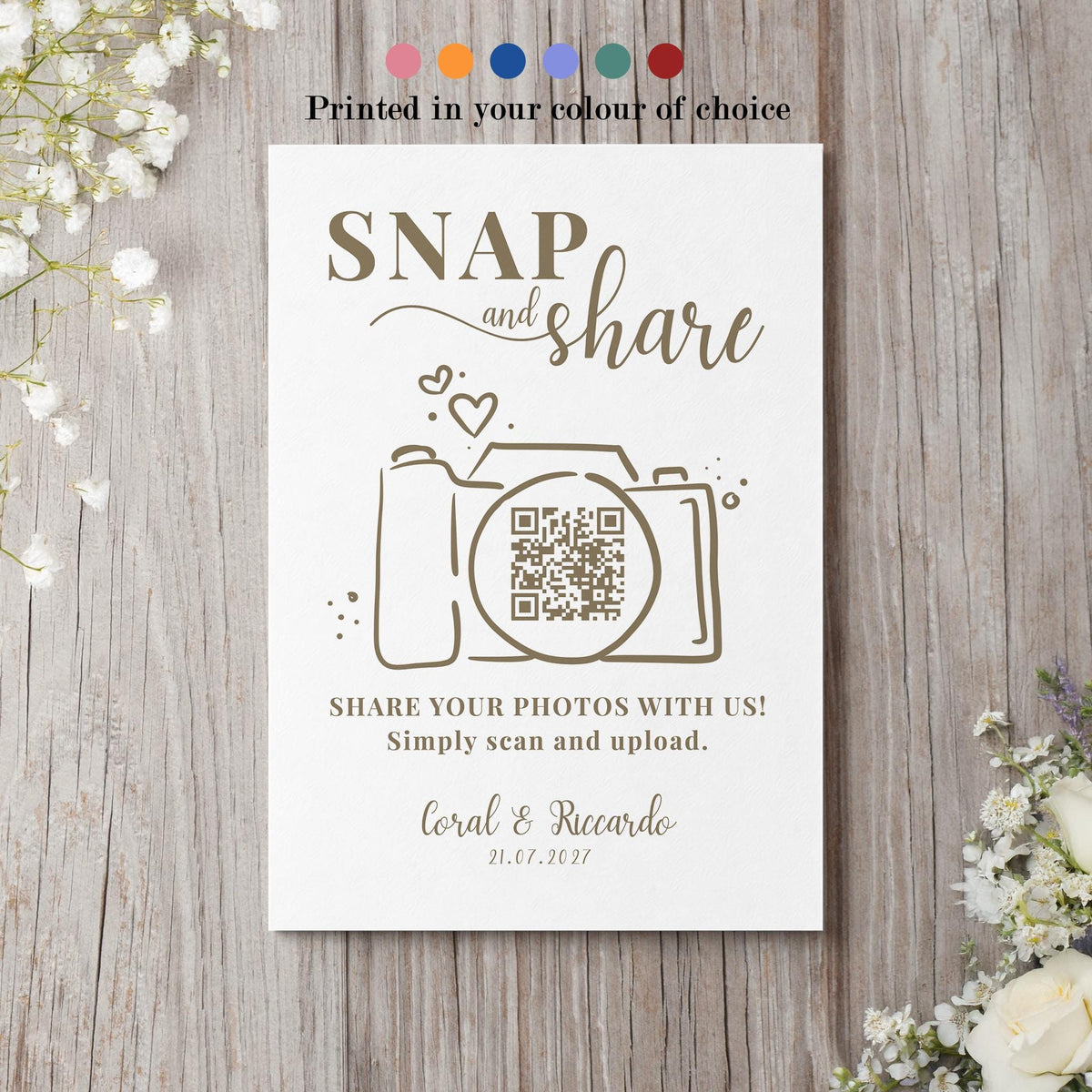 Personalised QR Code Wedding Card; Snap and Share, Share the Love, Poster A4 A3, Printed