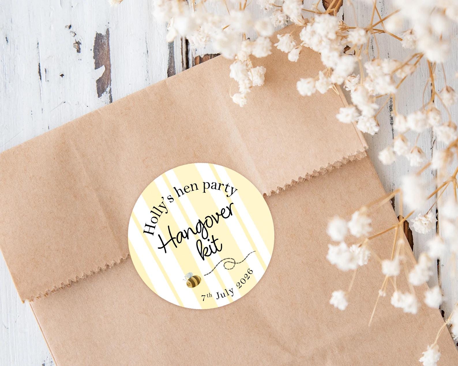 Hangover Kit Sticker: Hen Party, Wedding, Bridal Shower Favour Stickers, Goody Bags, Bee Theme