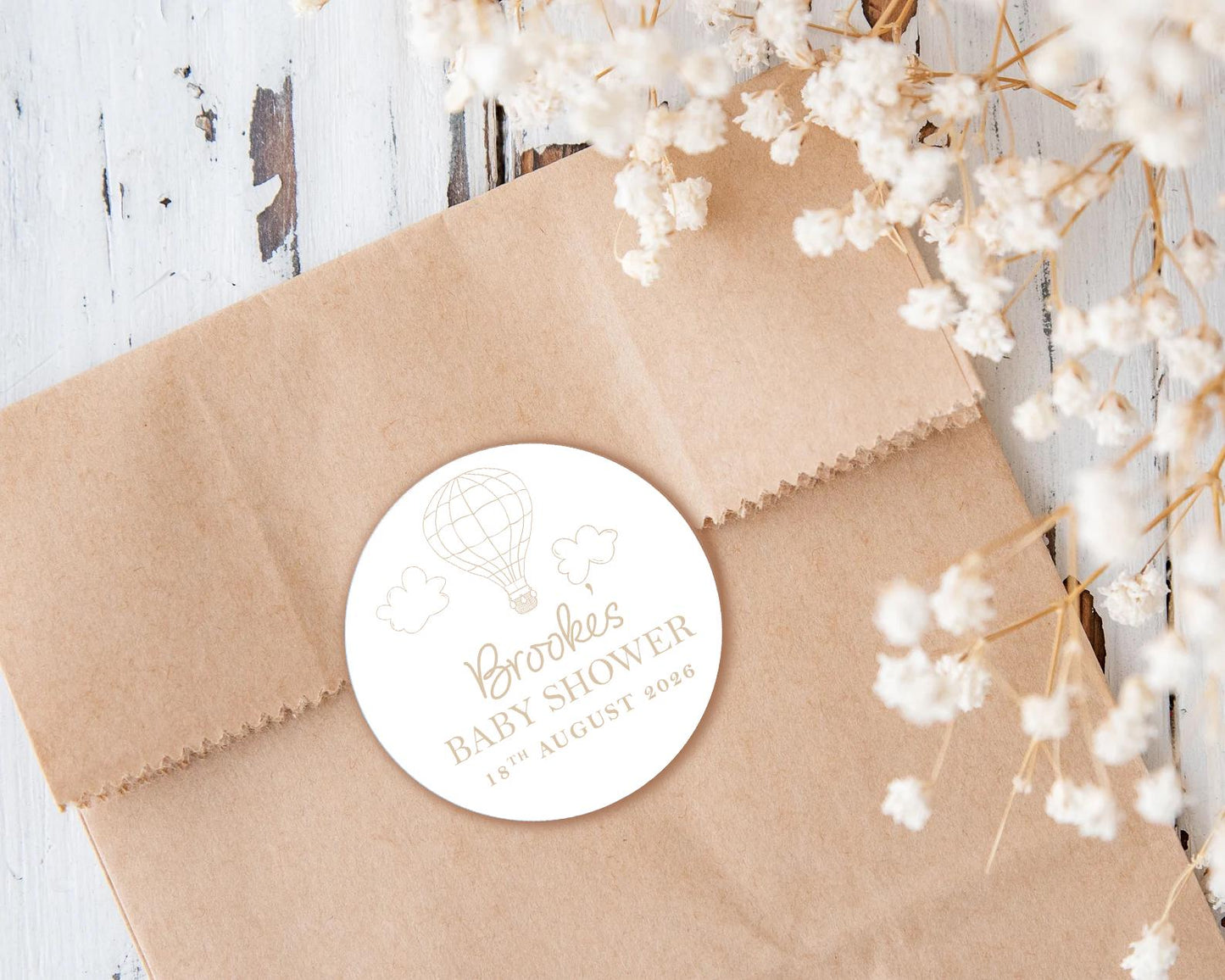 Neutral Hot Air Balloon Favour Stickers; Adventure Awaits, Baby Shower Girl Boy, up up and away